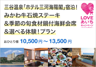 三谷温泉「ホテル三河海陽閣」宿泊！みかわ牛石焼ステーキ&季節の旬食材鍋付海鮮会席＆選べる体験！ラグーナテンボス観覧車乗車券又は蒲郡オレンジパーク大福作り又は豊川稲荷宝珠饅頭5個お土産付プラン
